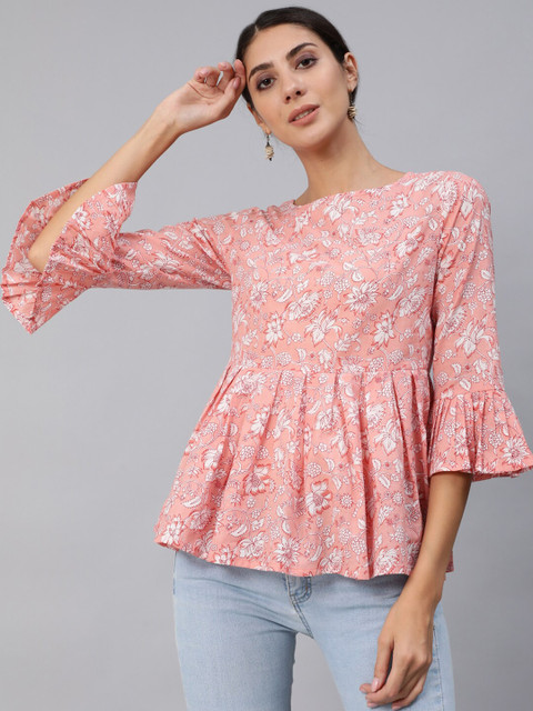 

Nayo Pink & White Floral Printed Flared Sleeves A-Line Top