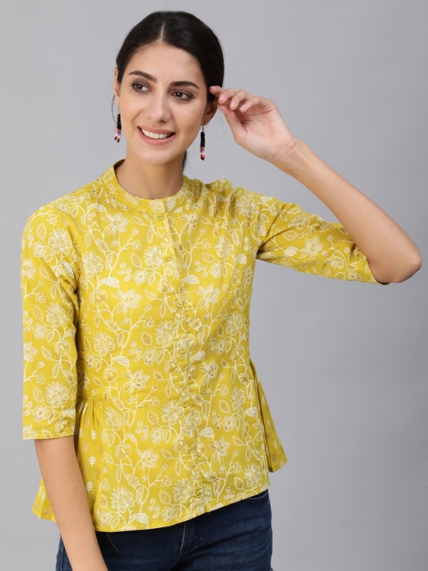 

Nayo Green & White Floral Printed Mandarin Collar Shirt Style Top