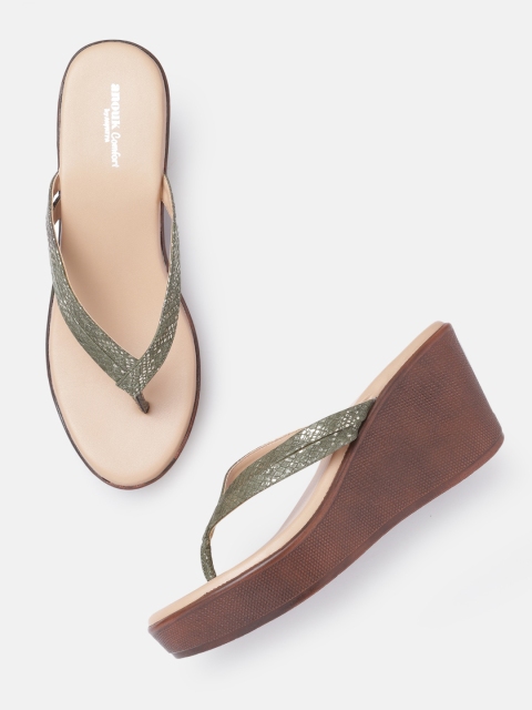 

Anouk Women Olive Green Snakeskin Textured Handcrafted Wedge Heels