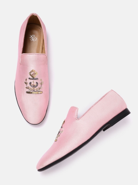 

House of Pataudi Men Pink & Gold-Toned Embellished Handcrafted Slip-Ons