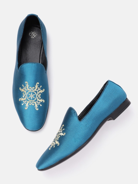 

House of Pataudi Men Teal Blue & Gold-Toned Embroidered Slip-Ons
