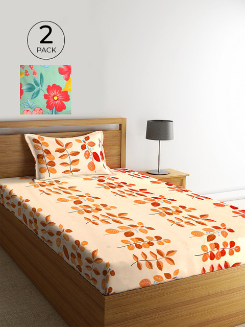 

KLOTTHE Unisex Set of 2 Printed Single Bedsheet with 2 Pillow Covers, Beige