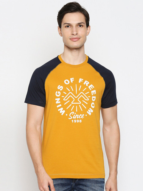 

Mufti Men Yellow Navy Blue Pure Cotton Printed Slim Fit Pure Cotton T-shirt