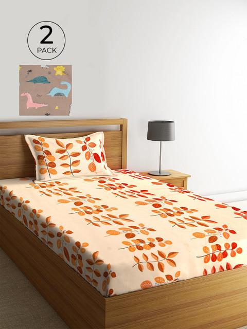 

KLOTTHE Unisex Set of 2 Printed Single Bedsheet with 2 Pillow Covers, Beige