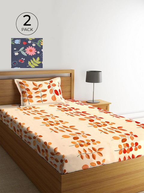 

KLOTTHE Set Of 2 Multicoloured Floral 210 TC Single Bedsheet with 2 Pillow Covers, Multi