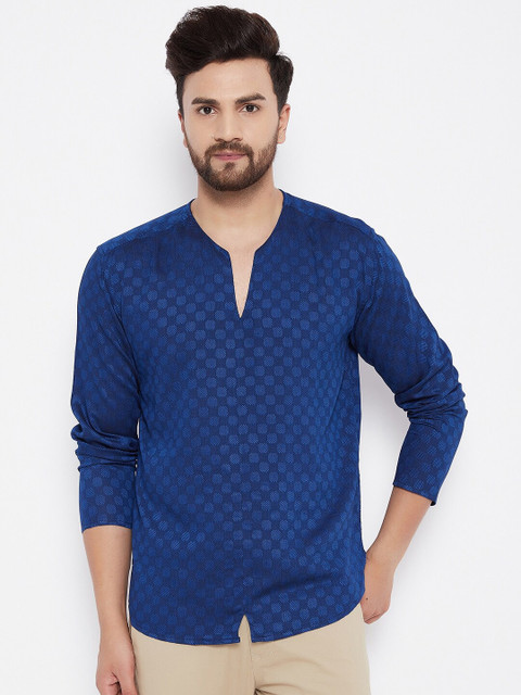 

even Men Blue Geometric Thread Work Dobby Kurta