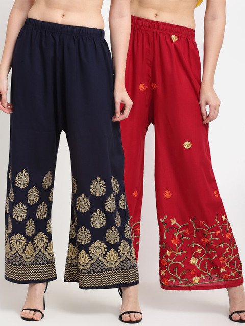 

TAG 7 Women Pack of 2 Maroon & Navy Blue Printed Wide Leg Palazzos