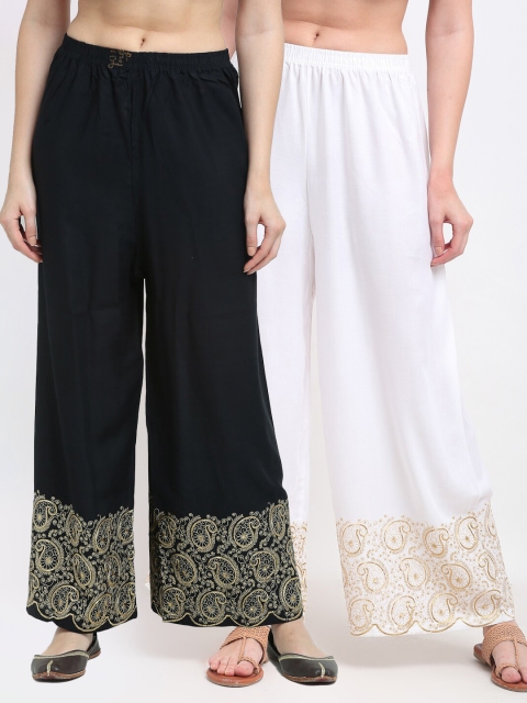 

TAG 7 Women Pack of 2 White & Black Embroidered Wide Leg Palazzos