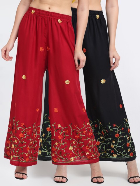 

TAG 7 Women Maroon & Black Pac of 2 Floral Embroidered Ethnic Palazzos