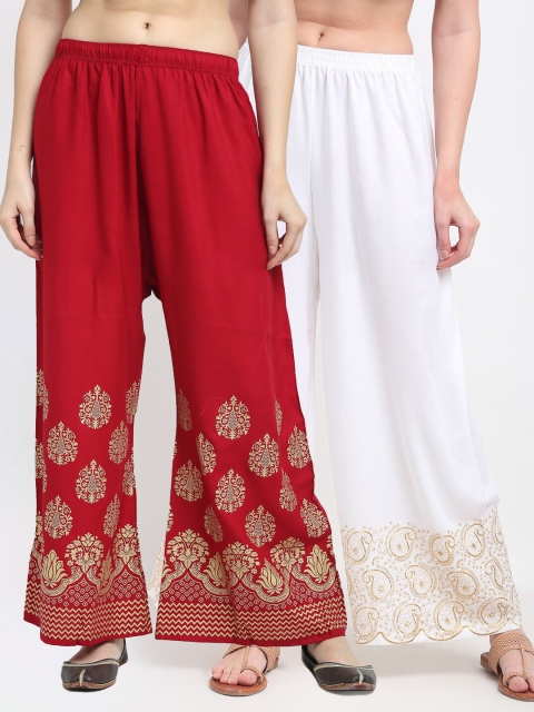 

TAG 7 Women Pack of 2 White & Maroon Printed Flared Palazzos