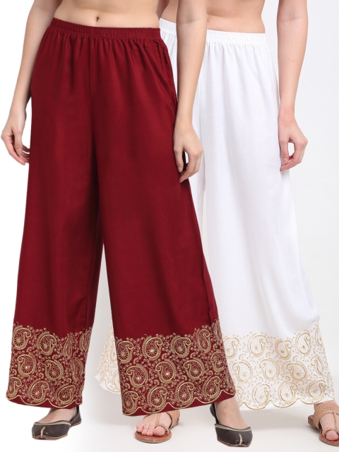 

TAG 7 Women Pack of 2 White & Maroon Embroidered Flared Palazzos