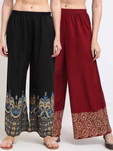 

TAG 7 Women Maroon & Black Pack of 2 Ethnic Motifs Embroidered Flared Palazzos