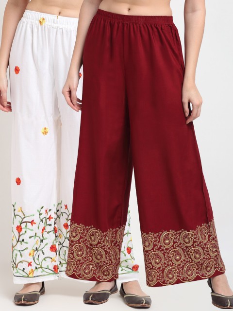 

TAG 7 Women Pack of 2 White & Maroon Embroidered Wide Leg Palazzos