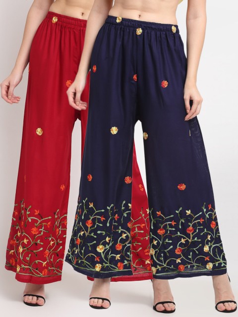 

TAG 7 Women Maroon & Navy Blue Pack of 2 Floral Embroidered Flared Palazzos