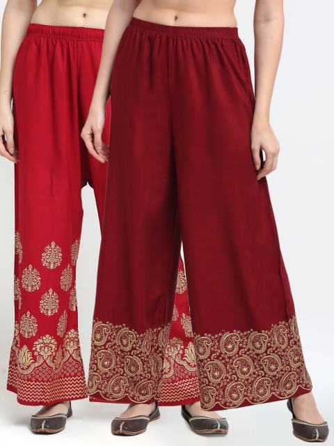 

TAG 7 Women Pack of 2 Maroon & Gold-Toned Printed Flared Palazzos