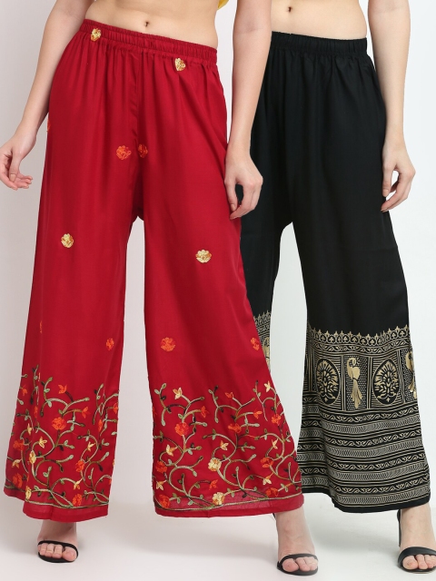 

TAG 7 Women Pack Of 2 Floral Embroidered Flared Ethnic Palazzos, Red