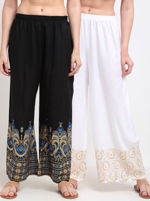 

TAG 7 Pack of 2 Women White & Black Ethnic Motifs Printed Flared Palazzos