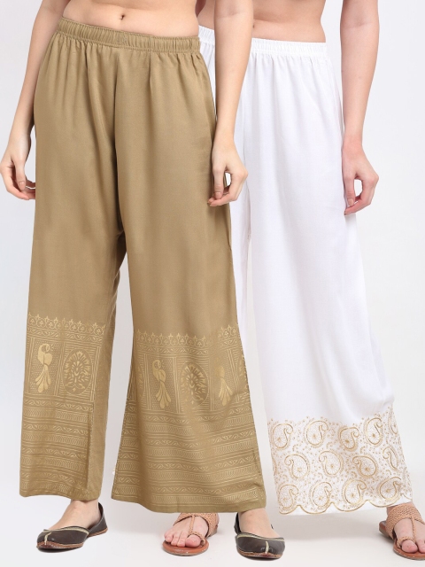 

TAG 7 Women Pack Of 2 Ethnic Motifs Printed Flared Ethnic Palazzos, White