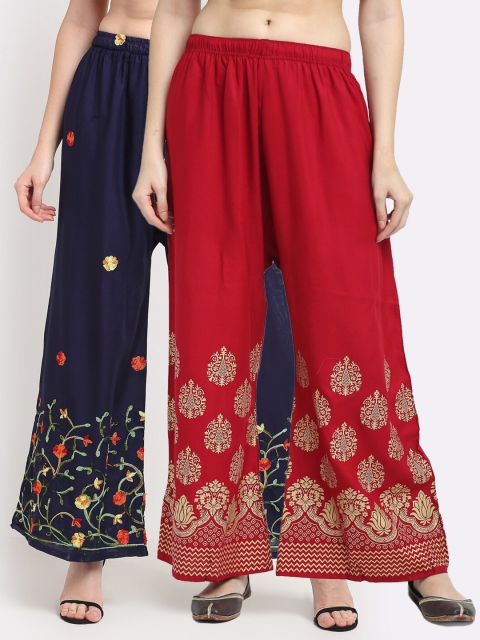 

TAG 7 Women Navy Blue & Maroon Pack of 2 Ethnic Motifs Printed Flared Palazzos