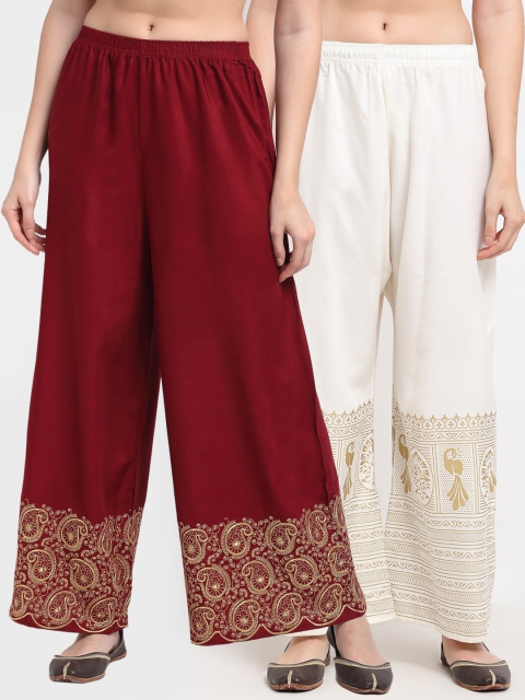 

TAG 7 Women Pack of 2 Maroon & White Printed Flared Palazzos