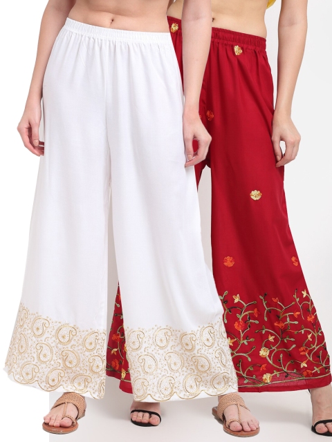 

TAG 7 Women Maroon & White Pack of 2 Floral Embroidered Palazzos