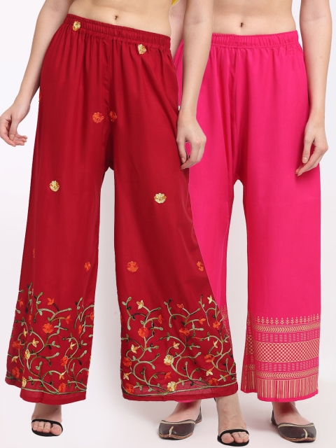 

TAG 7 Women Maroon & Green 2 Floral Embroidered Ethnic Palazzos