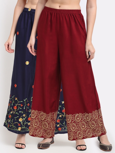 

TAG 7 Women Navy Blue & Maroon Pack of 2 Floral Embroidered Palazzos