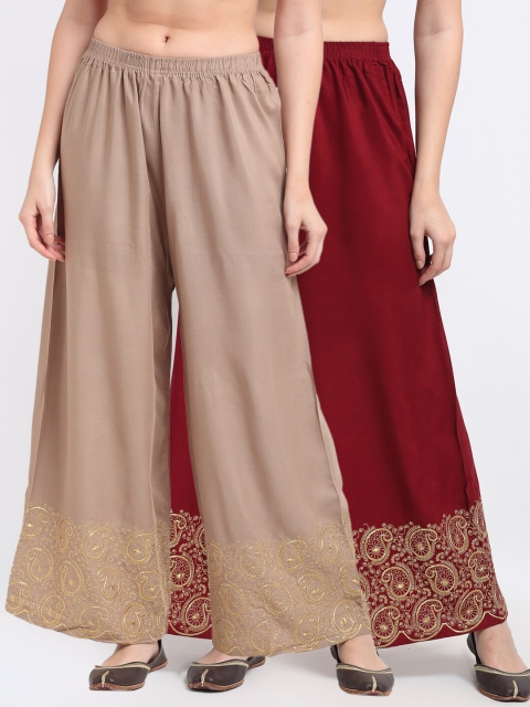 

TAG 7 Women Pack of 2 Maroon & Beige Embroidered Wide Leg Palazzos