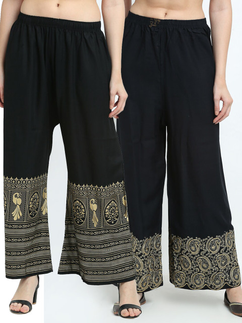 

TAG 7 Women Pack of 2 Black & Gold-Toned Printed Flared Palazzos