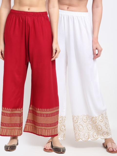 

TAG 7 Women Pack Of 2 Ethnic Motifs Embroidered Flared Ethnic Palazzos, White