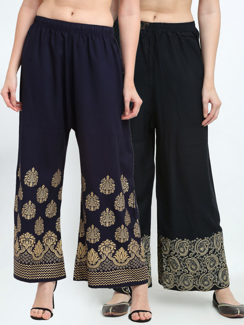 

TAG 7 Women Pack Of 2 Ethnic Motifs Embroidered Ethnic Palazzos, Black