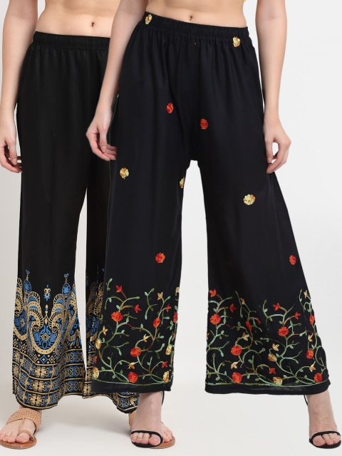

TAG 7 Women Black & Navy Blue Pack of 2 Floral Embroidered Flared Palazzos