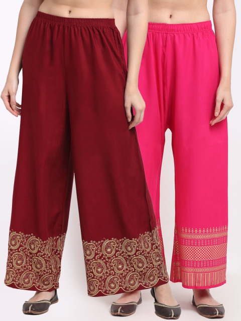 

TAG 7 Women Maroon & Pink Pack of 2 Ethnic Motifs Embroidered Palazzos