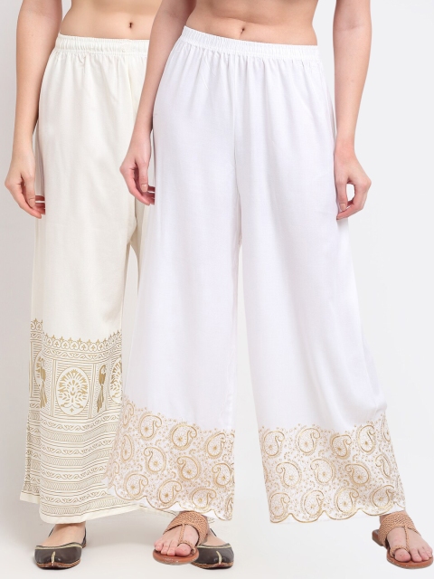 

TAG 7 Women Pack of 2 White & Gold-Toned Embroidered Flared Palazzos