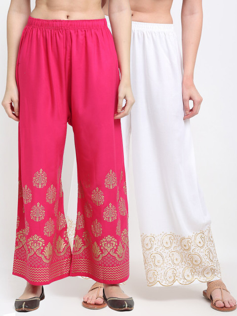 

TAG 7 Women Pack Of 2 Ethnic Motifs Printed Flared Ethnic Palazzos, White