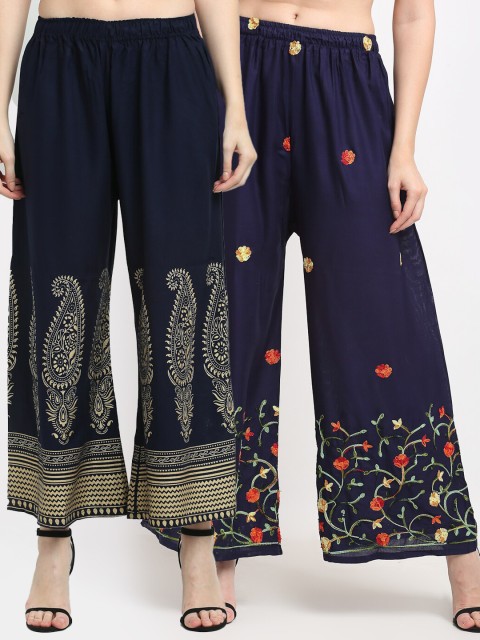 

TAG 7 Pack of 2 Women Navy Blue & Red Floral Embroidered Palazzos
