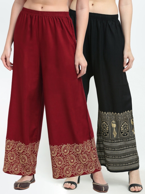 

TAG 7 Women Pack Of 2 Ethnic Motifs Embroidered Flared Ethnic Palazzos, Maroon