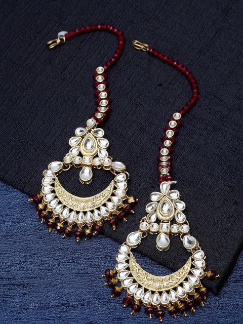 

ANIKAS CREATION Gold-Plated Maroon & White Contemporary Drop Earrings