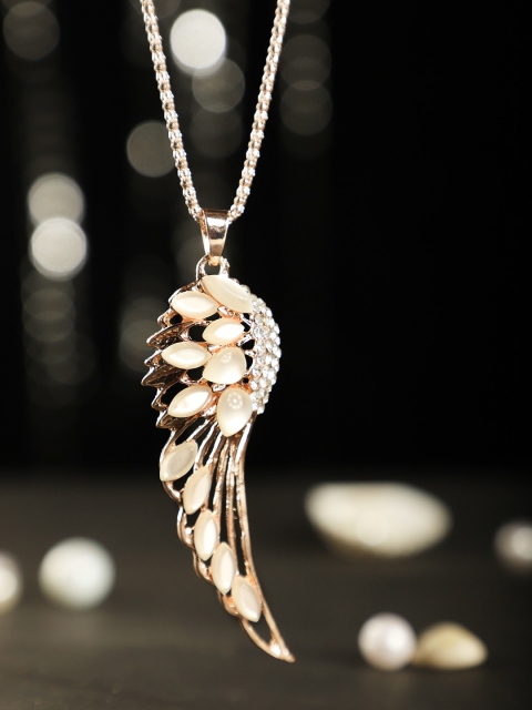 

ANIKAS CREATION Rose Gold-Plated Cream-Coloured & White AD-Studded Handcrafted Feather-Shaped Pendant With Chain