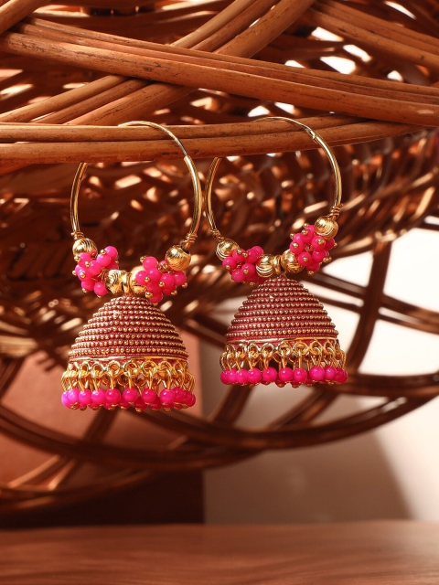 

ANIKAS CREATION Gold Plated Pink Dome Shaped Hoop Earrings