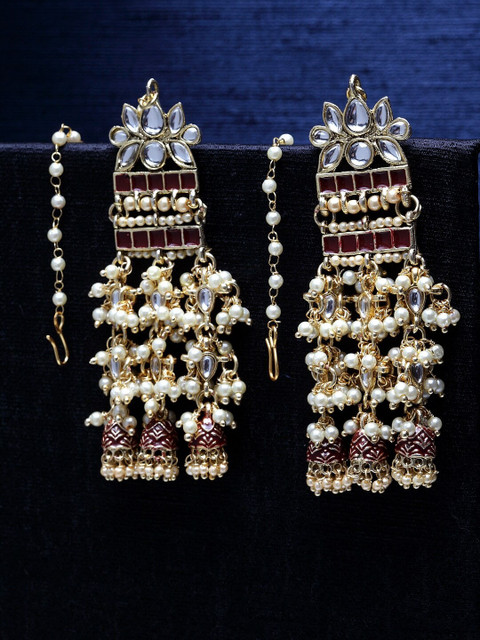 

ANIKAS CREATION Maroon Contemporary Drop Earrings With Attached Chain