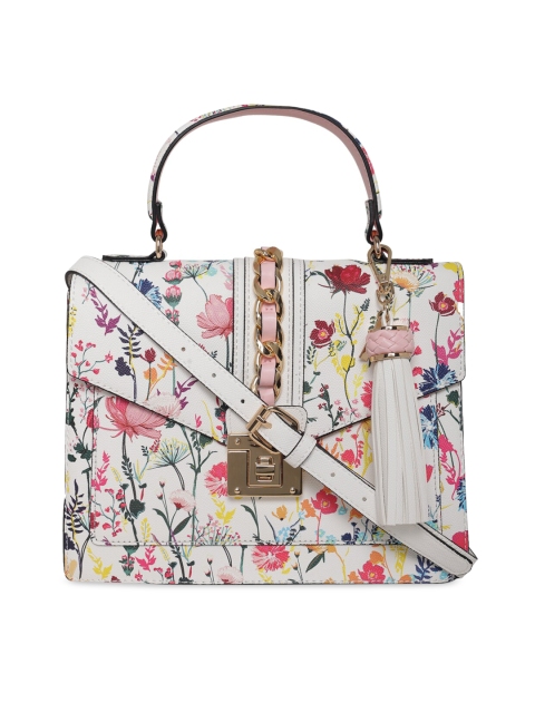 

ALDO White Floral Printed PU Structured Satchel with Tasselled