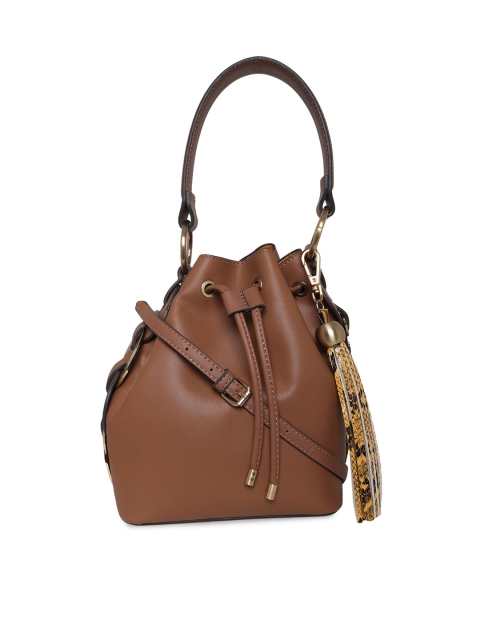 

ALDO Brown PU Bucket Hobo Bag with Tasselled