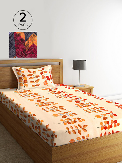 

KLOTTHE Pack of 2 Printed 210 TC Single Bedsheet with 2 Pillow Covers, Orange