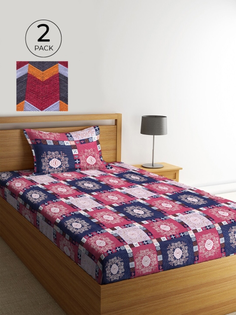 

KLOTTHE Pack of 2 Geometric 210 TC Single Bedsheet with 2 Pillow Covers, Multi