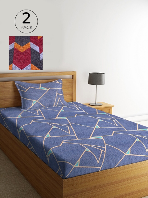 

KLOTTHE Pack Of 2 Geometric 210 TC Single Bedsheets With 2 Pillow Covers, Blue