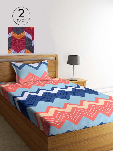 

KLOTTHE Pack of 2 Geometric 210 TC Single Bedsheet with 2 Pillow Covers, Blue