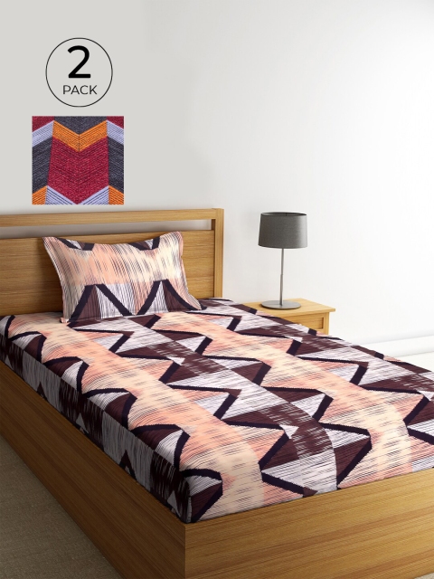 

KLOTTHE Pack of 2 Geometric 210 TC 2 Single Bedsheet with 2 Pillow Covers, Peach