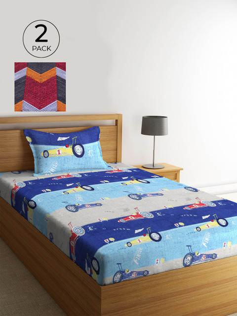 

KLOTTHE Pack of 2 Printed 210 TC 2 Single Bedsheet with 2 Pillow Covers, Blue