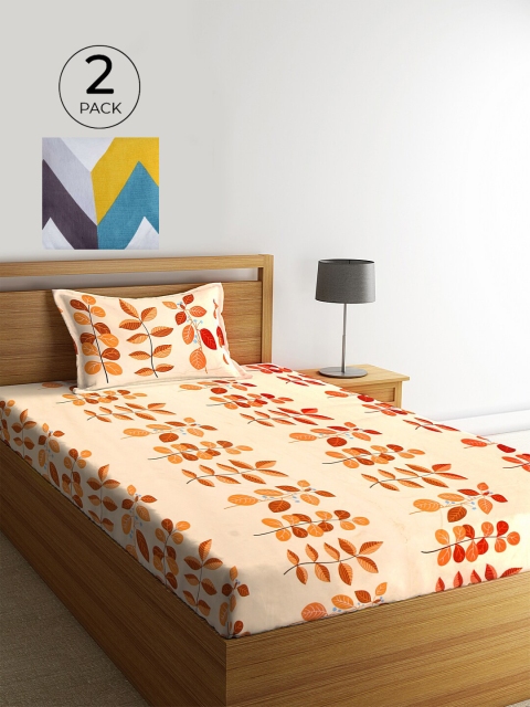 

KLOTTHE Beige & Orange Floral 210 TC 2 Single Bedsheet with 2 Pillow Covers